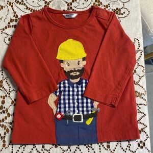 Baby Boden Construction Worker Applique Shirt 6–12M Red Long Sleeve